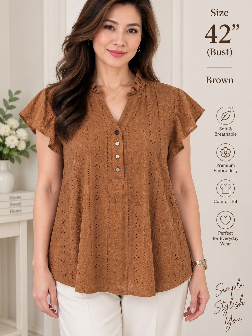 Women’s Brown Eyelet Ruffle-Neck Button Front Blouse